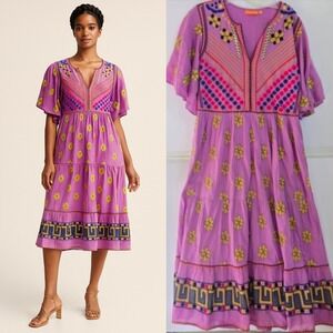 Oliphant M Purple‎ Flirty V Lucknow Lilac Tiered Maxi Dress Flutter Sleeve Boho